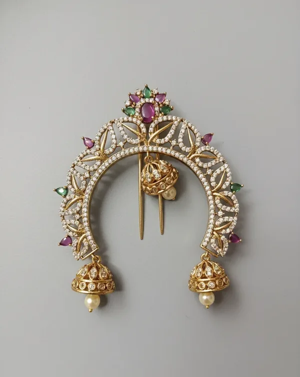 Vintage Gold Temple Hair Brooch Traditional Stone Encrusted Jhumka Hair Pin