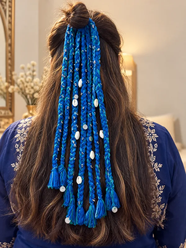 Blue Boho Braided Hair Accessory with Shell & Silver Detailing