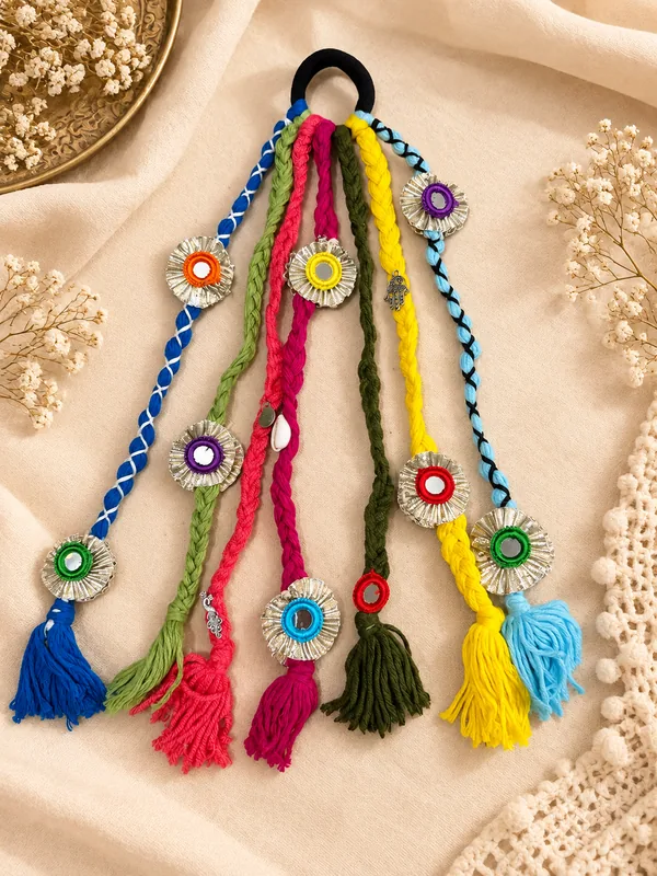 Multicolor Boho Braided Hair Accessory with Mirror & Tassel Details