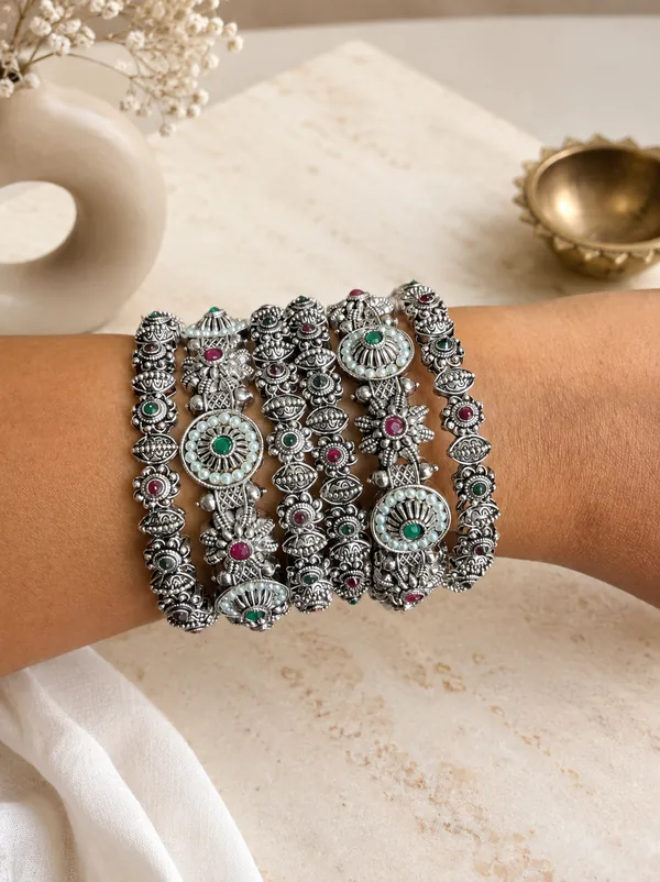 Oxidised Finish Stone & Pearl Designer Bangles
