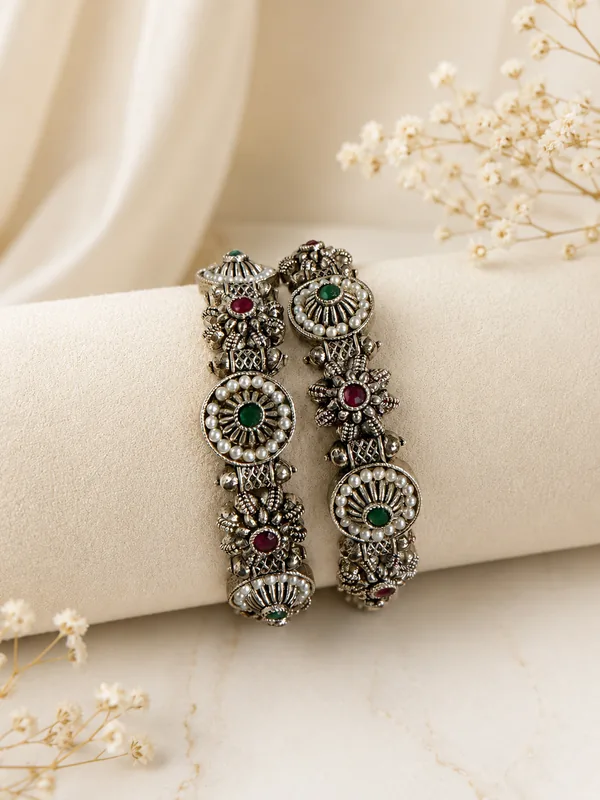 Oxidised Finish Stone & Pearl Designer Bangle Pair (Size 2.8)