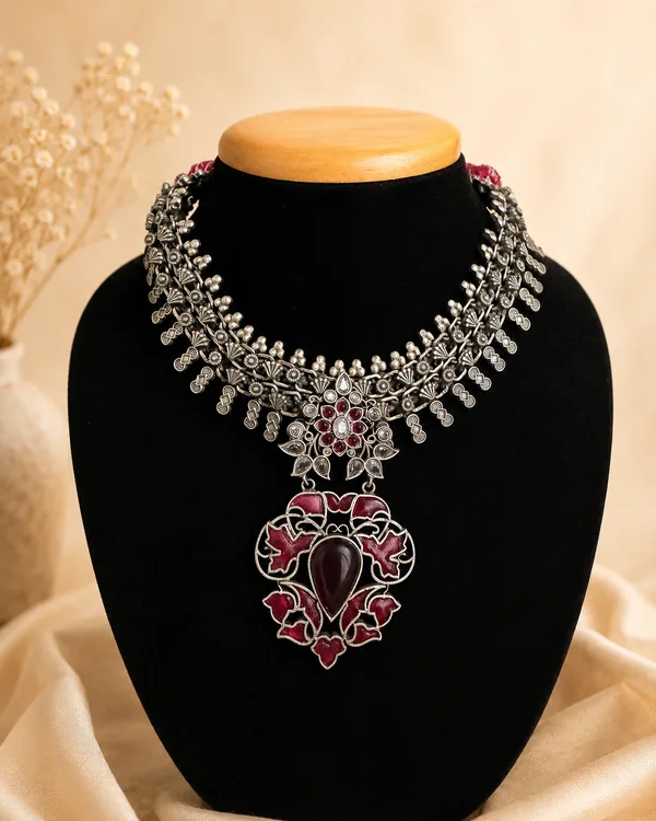 Ruhani Oxidized Silver Ruby Statement Necklace