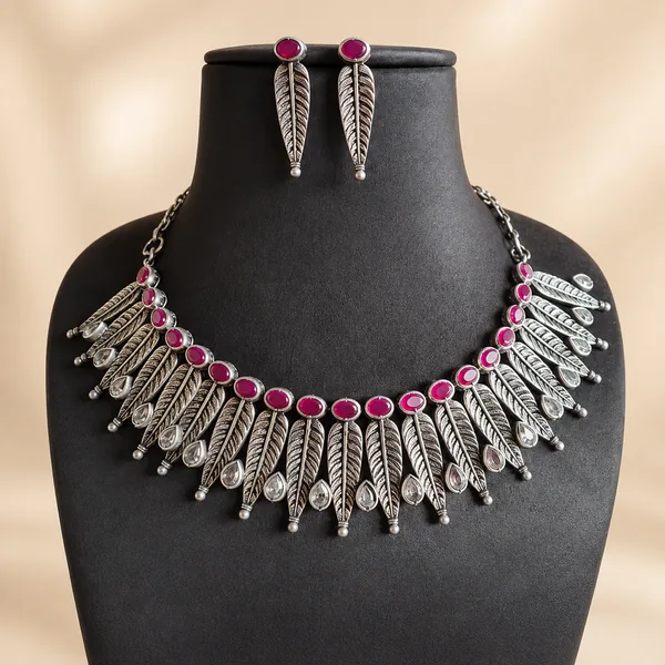 Oxidized Necklace Set-Red and White