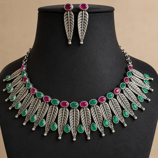 Oxidized Necklace Set-Red and Green