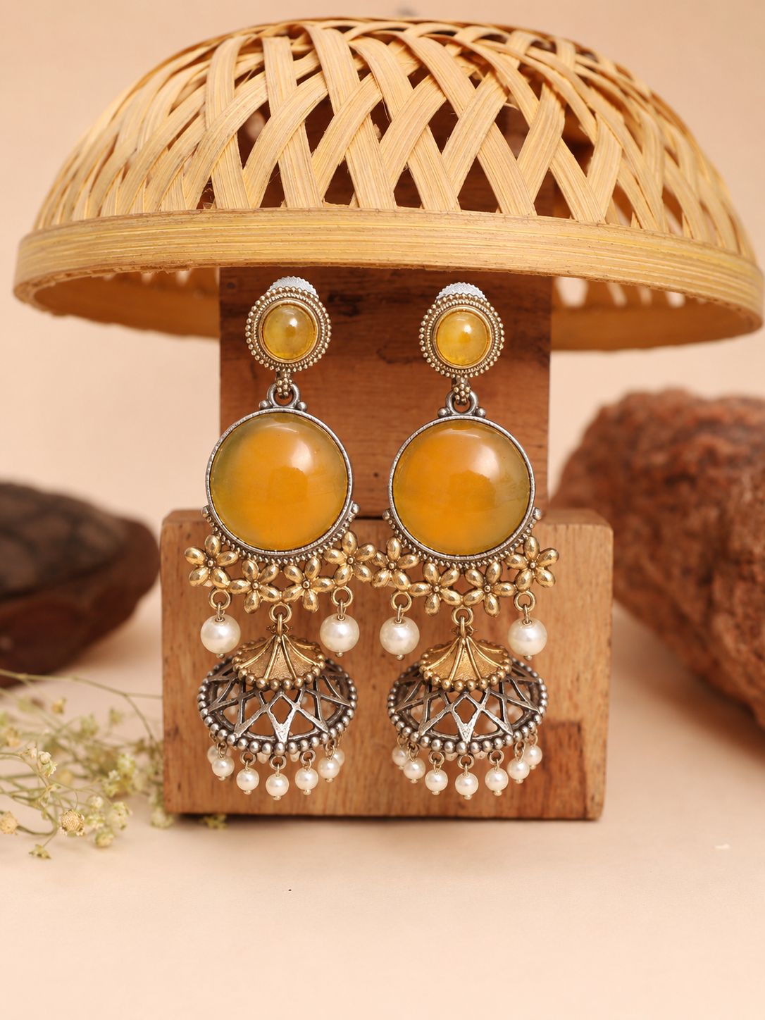 Oxidized Silver Antique Brass Zicron Pear Cut Monalisa Charm Earrings